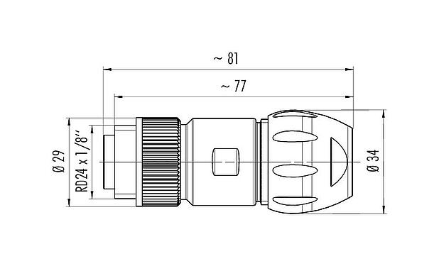 Scale drawing RD24 Male cable connector, Contacts: 6+PE, 7.0-17.0 mm, unshielded, solder, IP67, UL, ESTI+, VDE