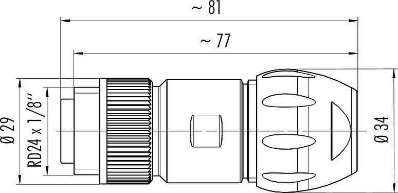 Scale drawing RD24 Male cable connector, Contacts: 6+PE, 7.0-17.0 mm, unshielded, screw clamp, IP67, UL, ESTI+, VDE