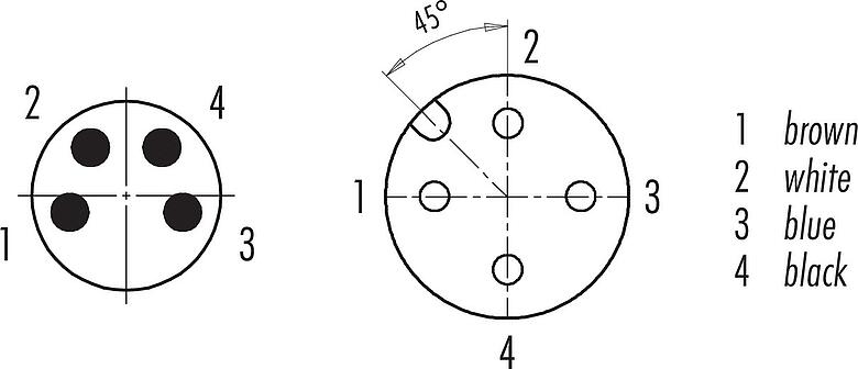 Contact arrangement (Plug-in side) M12/M8 Female cable connector - Male cable connector, Contacts: 4, unshielded, moulded on the cable, IP67/IP69K, UL 2238, PUR, black, 4 x 0.34 mm², 1 m