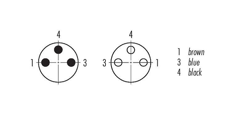 Contact arrangement (Plug-in side) 77 3408 3405 50003-0200 - M8/M8 Connecting cable male cable connector - female angled connector, Contacts: 3, unshielded, moulded on the cable, IP67, UL, PUR, black, 3 x 0.34 mm², 2 m