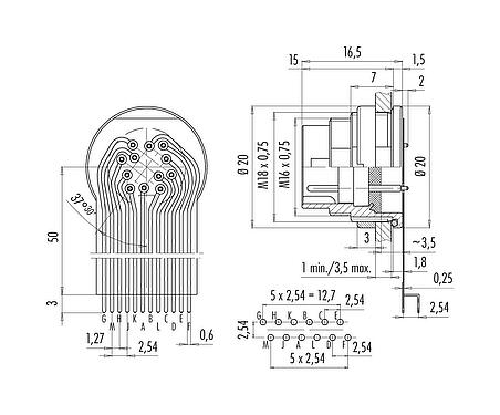 Connection & dimensions M16 Male panel mount connector, Contacts: 12 (12-a), unshielded, THT, IP67, M18x0,75, Rear mounting