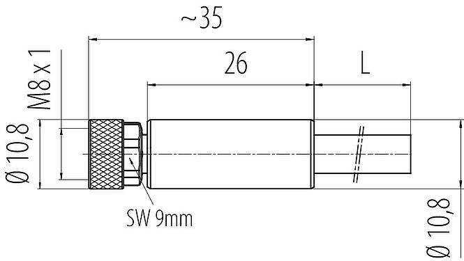 Scale drawing M8 Female cable connector, Contacts: 3, shielded, moulded on the cable, IP67/IP69K, M8x1.0, PUR, black, 3 x 0.34 mm², 2 m