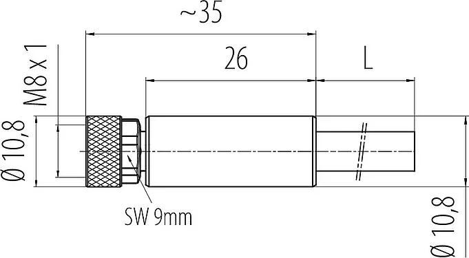 比例图 M8 直头孔头电缆连接器, 极数: 3, 屏蔽, 预铸电缆, IP67/IP69K, M8x1.0, PUR, 黑色, 3x0.34mm², 2m