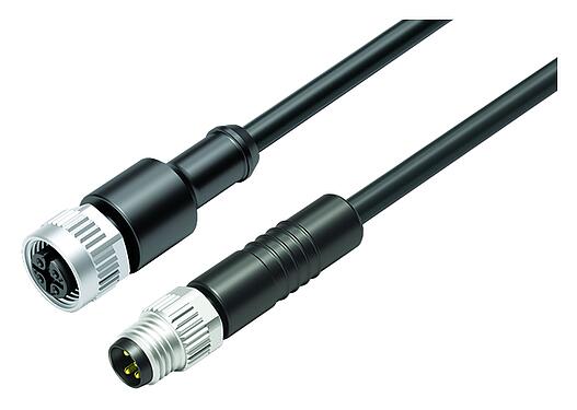 Illustration M12/M8 Female cable connector - Male cable connector, Contacts: 4, unshielded, moulded on the cable, IP67/IP69K, UL 2238, PUR, black, 4 x 0.34 mm², 2 m