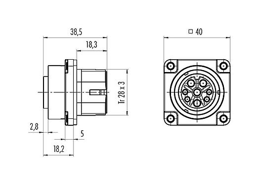 Scale drawing Bayonet Female panel mount connector, Contacts: 4+PE, unshielded, crimping (Crimp contacts must be ordered separately), IP68/IP69K, UL 2238, VDE, Front mounting, UV resistant