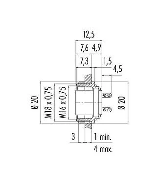 比例图 M16 孔头法兰座, 极数: 8 (08-a), 非屏蔽, 焊接, IP40, M18x0,75, 後壁安裝