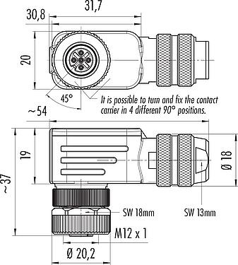 比例图 M12 弯角孔头电缆连接器, 极数: 5, 6.0-8.0mm, 可接屏蔽, 螺钉接线, IP67, UL 2238, 带防护环