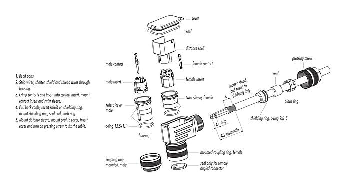 装配说明 M16 弯角孔头电缆连接器, 极数: 8 (08-a), 4.0-6.0mm, 可接屏蔽, 压接(压接触点必须单独订购), IP67, UL 2238