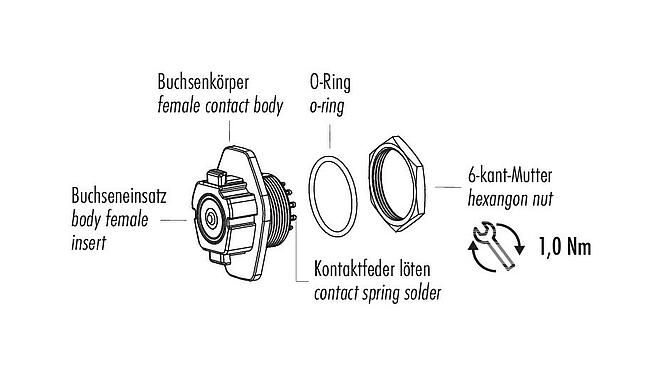 Component part drawing Snap-In Female panel mount connector, Contacts: 12, unshielded, solder, IP54, Front mounting