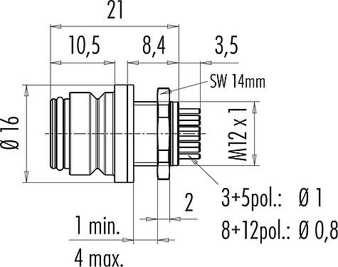 Scale drawing Snap-In Female panel mount connector, Contacts: 12, unshielded, THT, IP67, VDE, M12x1.0, Front mounting