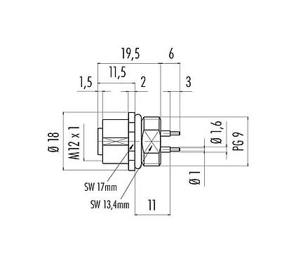 Scale drawing M12 Female panel mount connector, Contacts: 4, unshielded, THT, IP67, UL 2238, PG 9, Front mounting