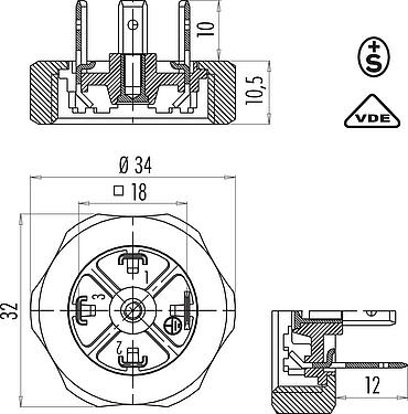 比例图 设备插头, 极数: 3+PE, 非屏蔽, 焊接, IP40 不带密封圈, VDE, ESTI+, 联合螺母
