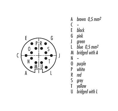 Contact arrangement (Plug-in side) 79 6251 200 14 - M16 Male angled connector, Contacts: 14 (14-b), unshielded, moulded on the cable, IP67, PUR, black, 8 x 0.25 mm² / 2 x 0.50 mm², 2 m