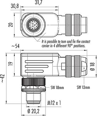 比例图 M12 弯角针头电缆连接器, 极数: 12, 6.0-8.0mm, 可接屏蔽, 焊接, IP67, UL 2238, 带防护环