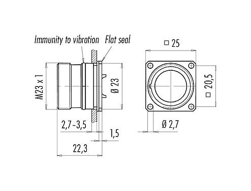 Scale drawing 99 4604 81 09 - M23 Female panel mount connector, Contacts: 9, unshielded, solder, IP67, back mounting