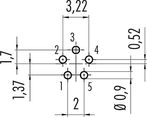 Conductor layout M9 Female angled panel mount connector, Contacts: 5, unshielded, THT, IP40, Front mounting