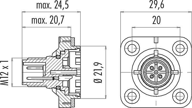 比例图 M12 针头方型法兰座, 极数: 5, 非屏蔽, 焊接, IP40, M3 (4x), 板前安装, 可定位的编码排列