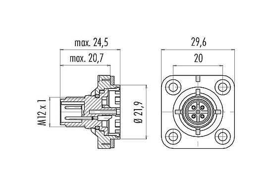 Scale drawing M12 Square male panel mount connector, Contacts: 4, unshielded, solder, IP40, M3 (4x), Front mounting, Positionable coding alignment