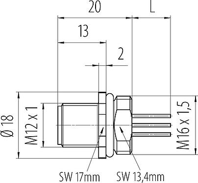 Scale drawing M12 Male panel mount connector, Contacts: 4, unshielded, single wires, IP67, UL 2238, M16x1.5, Front mounting