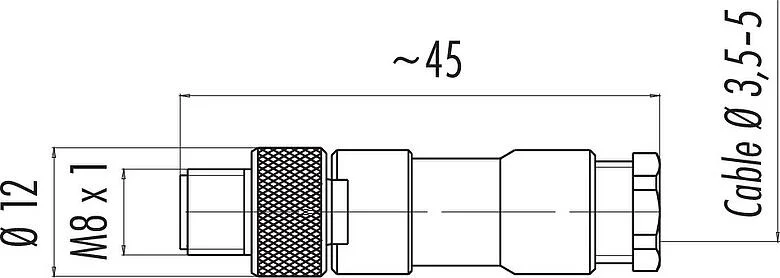 Scale drawing M8 Male cable connector, Contacts: 3, 3.5-5.0 mm, unshielded, solder, IP67, UL 2238