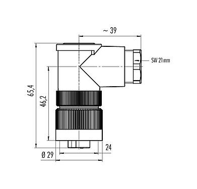 比例图 RD24 弯角孔头电缆连接器, 极数: 6+PE, 10.0-12.0mm, 非屏蔽, 压接(压接触点必须单独订购), IP67, UL, ESTI+, VDE, PG 13.5