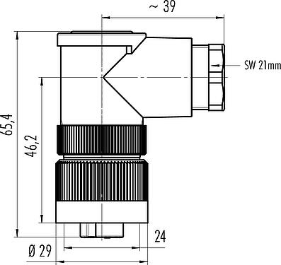 比例图 RD24 弯角孔头电缆连接器, 极数: 6+PE, 10.0-12.0mm, 非屏蔽, 压接(压接触点必须单独订购), IP67, UL, ESTI+, VDE, PG 13.5