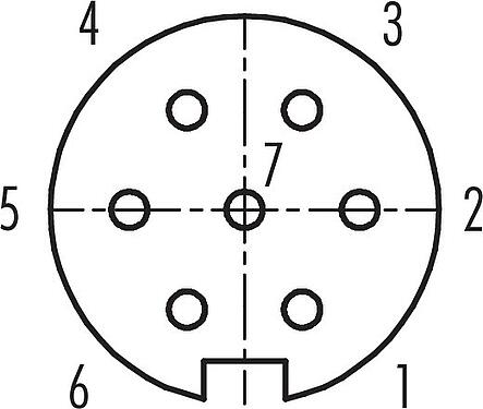 Contact arrangement (Plug-in side) M16 Female angled connector, Contacts: 7 (07-a), 6.0-8.0 mm, unshielded, solder, IP40