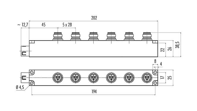 Scale drawing 72 9143 000 06 - Snap-In 6-way distributor, Contacts: 3, unshielded, pluggable, IP67