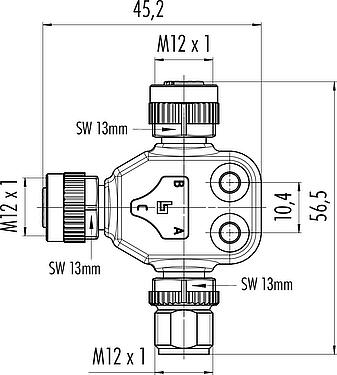比例图 M12 双分线盒,T 型分配器, 针头连接器 - 2 孔头连接器, 极数: 4, 非屏蔽, 插拔式, IP68, UL 2238