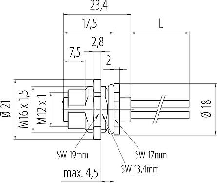 比例图 M12 孔头法兰座, 极数: 3, 非屏蔽, 带导线, IP68, UL 2238, M16x1.5, 後壁安裝, 模压成型