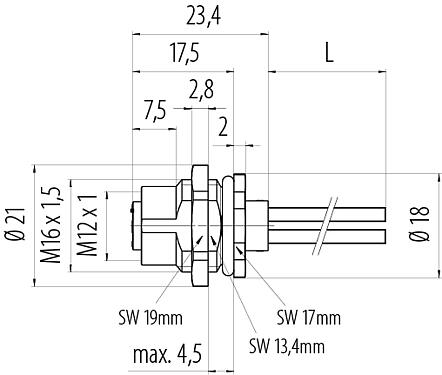 比例图 M12 孔头法兰座, 极数: 3, 非屏蔽, 带导线, IP68, UL 2238, M16x1.5, 後壁安裝, 模压成型