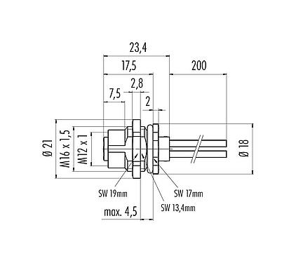 Scale drawing 09 0688 121 03 - M12 Female panel mount connector, Contacts: 2+PE, unshielded, single wires, IP68, UL, VDE, M16x1.5, front fastened
