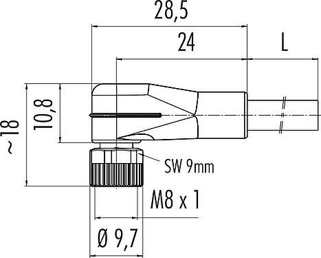 比例图 M8 弯角孔头电缆连接器, 极数: 8, 非屏蔽, 预铸电缆, IP67/IP69K, UL 2238, PVC, 灰色, 8x0.25mm², 5m