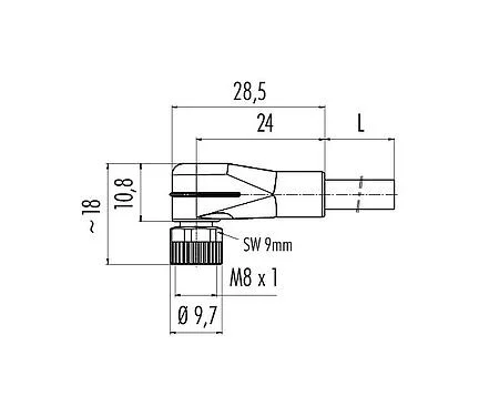 Scale drawing 77 3408 0000 50005-0200 - M8 Female angled connector, Contacts: 5, unshielded, moulded on the cable, IP67/IP69K, UL, PUR, black, 5 x 0.34 mm², 2 m