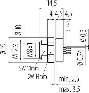 比例图 M8 孔头法兰座, 极数: 12, 非屏蔽, THT, IP67/IP69K, UL 2238, M10x0.75, 後壁安裝, 可从板前拧紧, 模压成型