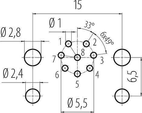 Conductor layout M12 Female panel mount connector, Contacts: 8, unshielded, THR, IP68, UL 2238, M12x1.0, Front mounting, for PCB assembly