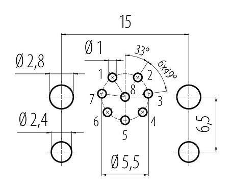 Conductor layout M12 Female panel mount connector, Contacts: 8, unshielded, THR, IP68, UL 2238, M12x1.0, Front mounting, for PCB assembly