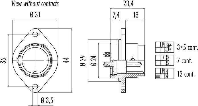 Scale drawing Bayonet Male panel mount connector, Contacts: 7, unshielded, solder, IP40, Front mounting