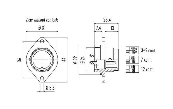 Scale drawing Bayonet Male panel mount connector, Contacts: 12, unshielded, solder, IP40, Front mounting