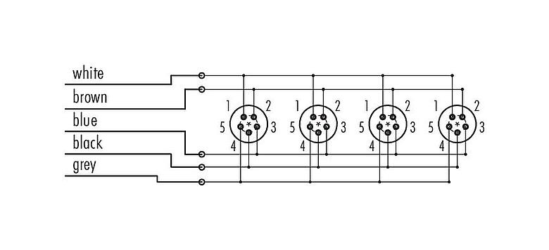 Pin assignment plans 72 9138 500 04 - Snap-In 4-way distributor, Contacts: 5, unshielded, moulded on the cable, IP67, 5 x 0.75 mm²