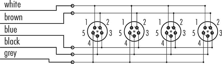Pin assignment plans Snap-In 4-way distributor, Contacts: 5, unshielded, moulded on the cable, IP67, 5 x 0.75 mm²