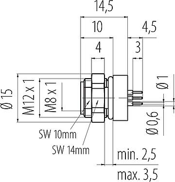Scale drawing M8 Female panel mount connector, Contacts: 6, unshielded, THT, IP67, UL 2238, M12x1.0, Rear mounting, potted