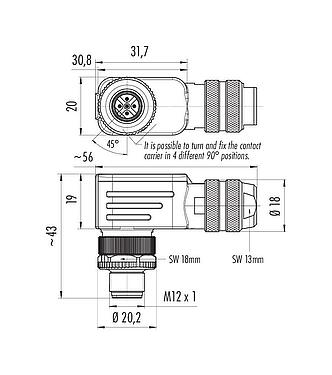 比例图 M12 弯角针头电缆连接器, 极数: 5, 6.0-8.0mm, 可接屏蔽, 笼式弹簧, IP67, 带防护环