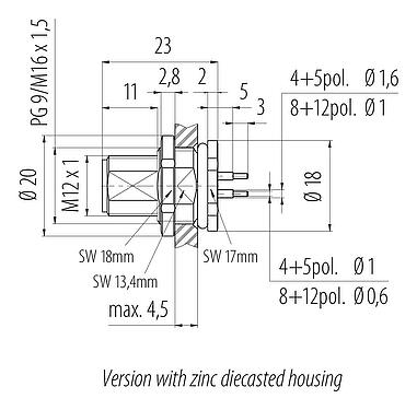 比例图 M12 针头法兰座, 极数: 5, 非屏蔽, THT, IP68, UL 2238, M16x1.5, 後壁安裝