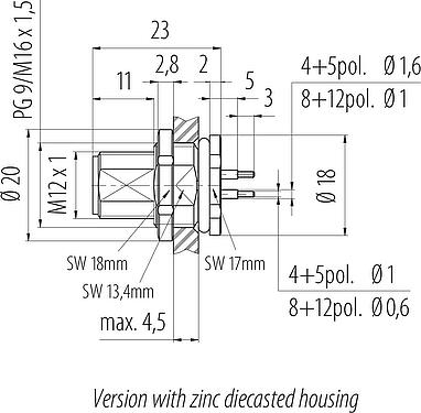 比例图 M12 针头法兰座, 极数: 5, 非屏蔽, THT, IP68, UL 2238, PG 9, 後壁安裝