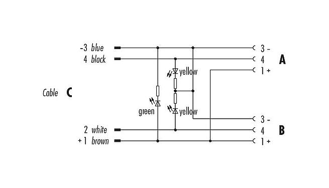 Pin assignment plans M8 Twin distributors, Y-distributor, Contacts: 3, unshielded, moulded on the cable, IP68, UL 2238, PUR, black, 4 x 0.25 mm², with LED PNP, 2 m