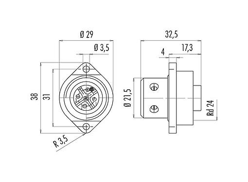 Scale drawing RD24 Female panel mount connector, Contacts: 3+PE, unshielded, screw clamp, IP67, UL, ESTI+, VDE, Front mounting
