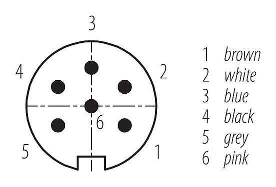 Contact arrangement (Plug-in side) 77 6427 0000 50006-0200 - M16 Male angled connector, Contacts: 6, unshielded, moulded on the cable, IP68, PUR, black, 6 x 0.25 mm², 2 m