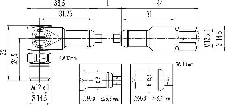 Scale drawing M12 Connecting cable male angled connector - female cable connector, Contacts: 8, unshielded, moulded on the cable, IP67/IP69K, UL 2238, Ecolab, PVC, grey, 8 x 0.25 mm², Food & Beverage, stainless steel, 2 m