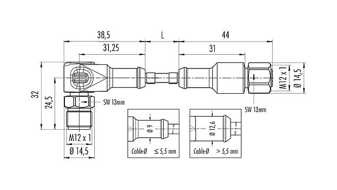 Scale drawing M12 Connecting cable male angled connector - female cable connector, Contacts: 5, unshielded, moulded on the cable, IP67/IP69K, Ecolab, FDA compliant, Special TPE, grey, 5 x 0.34 mm², Food & Beverage, stainless steel, 5 m